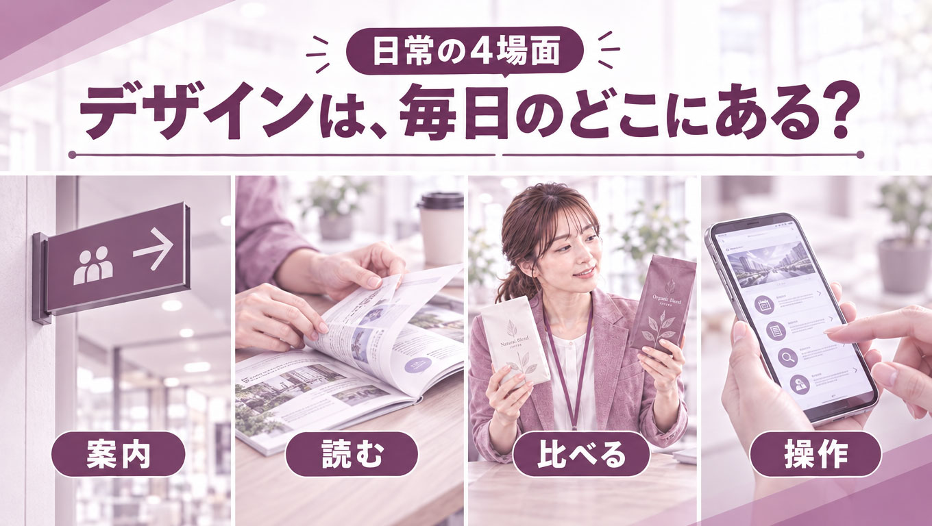 01_日常の4場面.jpg 日常の中でデザインが関わる4つの場面のイラスト