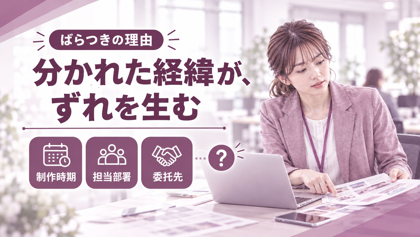 02_ばらつきの理由.jpg ホームページ・会社案内・SNSを並べてデザインのばらつきを確認する担当者