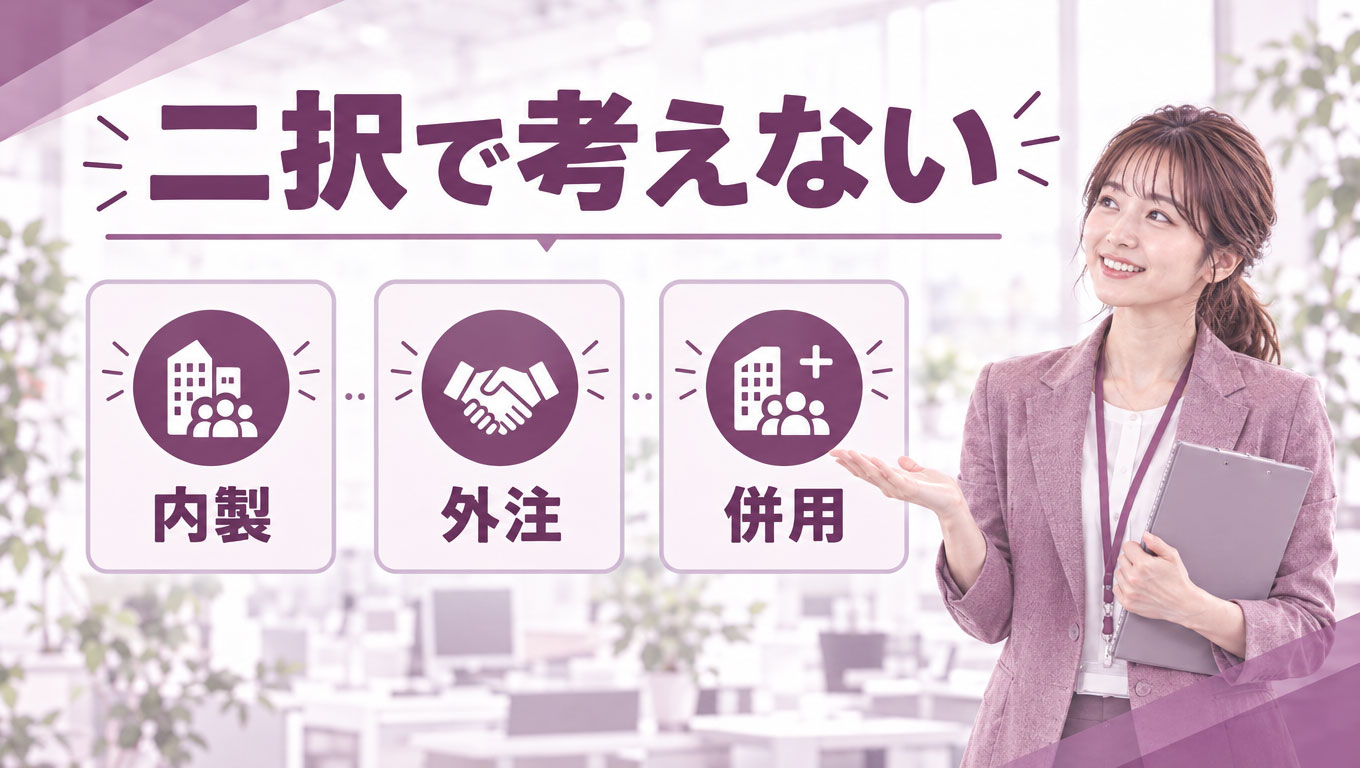 02_three-choices.jpg 内製・外注・併用の選択肢を示す図。特定の会社の標準的な分担を表すものではない