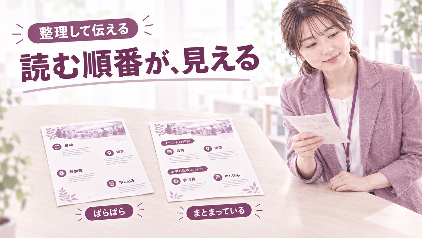 03_整理して伝える.jpg 情報のグルーピングと余白を変えた案内カードの比較図(架空のサンプル)