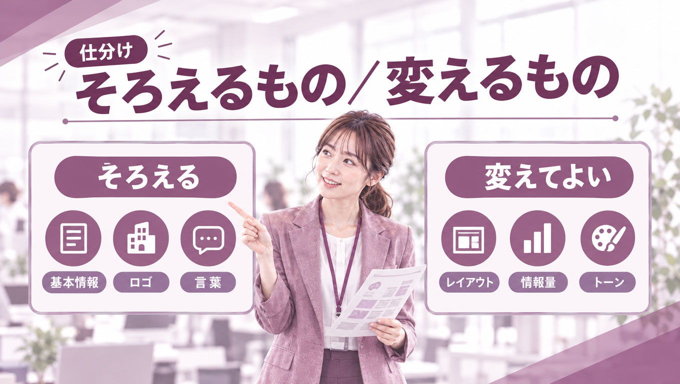 04_仕分け.jpg 媒体をまたいでそろえる要素と、変えてよい要素を分けた整理
