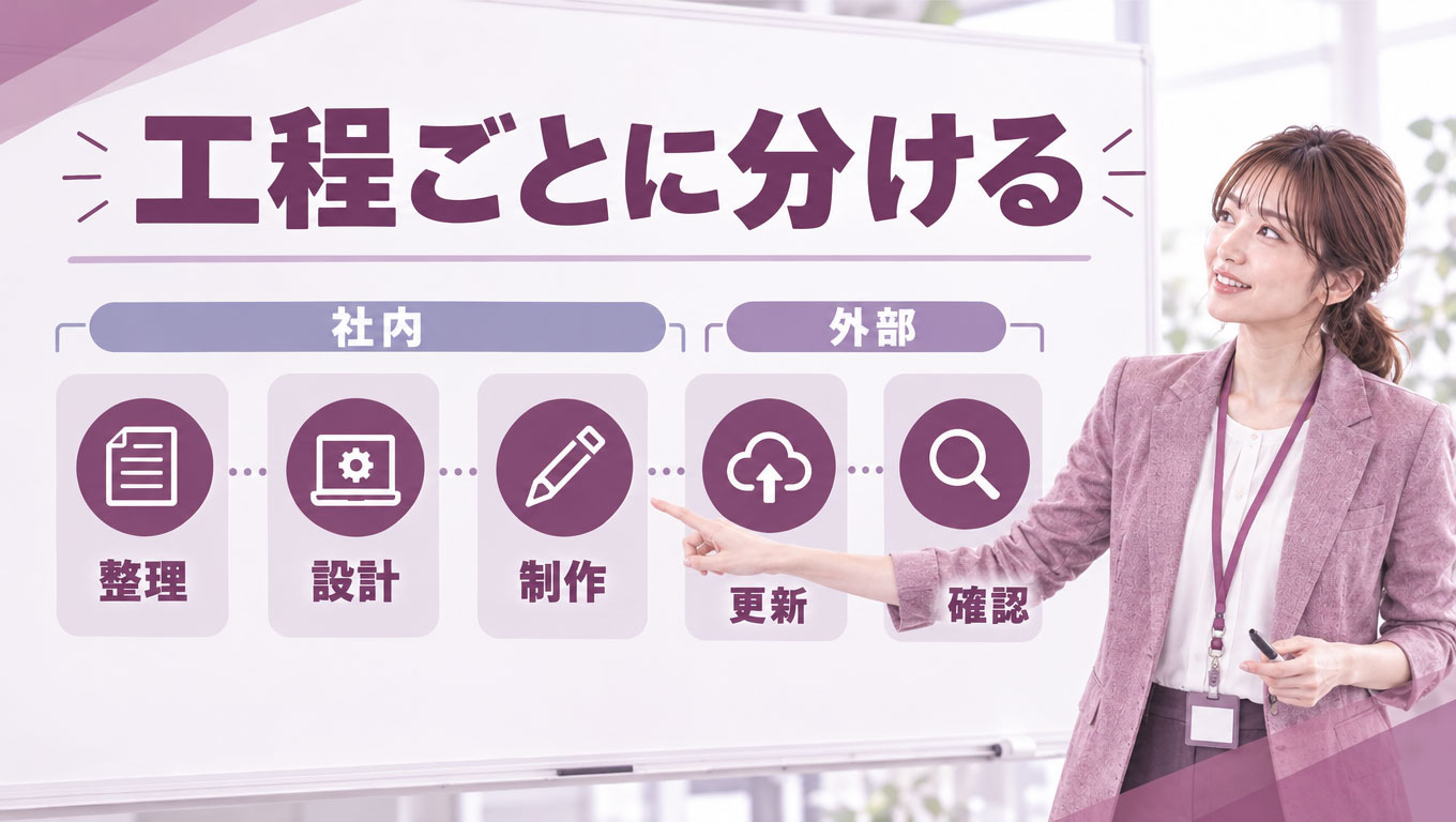 04_process-split.jpg 企画・設計・制作・更新・確認を、社内と外部で分担するイメージ図。特定の会社の標準契約を表すものではない