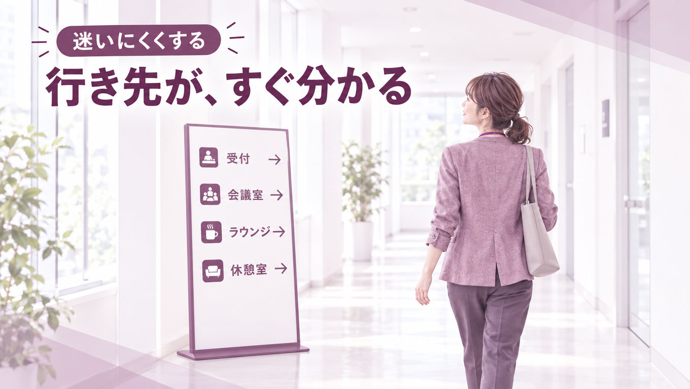 05_迷いにくくする.jpg 案内板のデザインで行き先が分かりやすくなっているシーンのイラスト