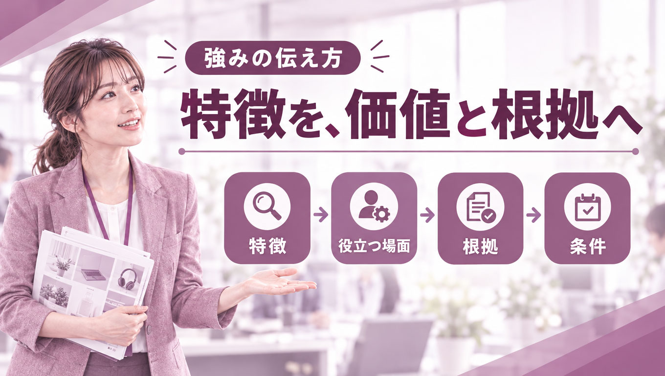 強みを価値と根拠につなげる四段階の整理図