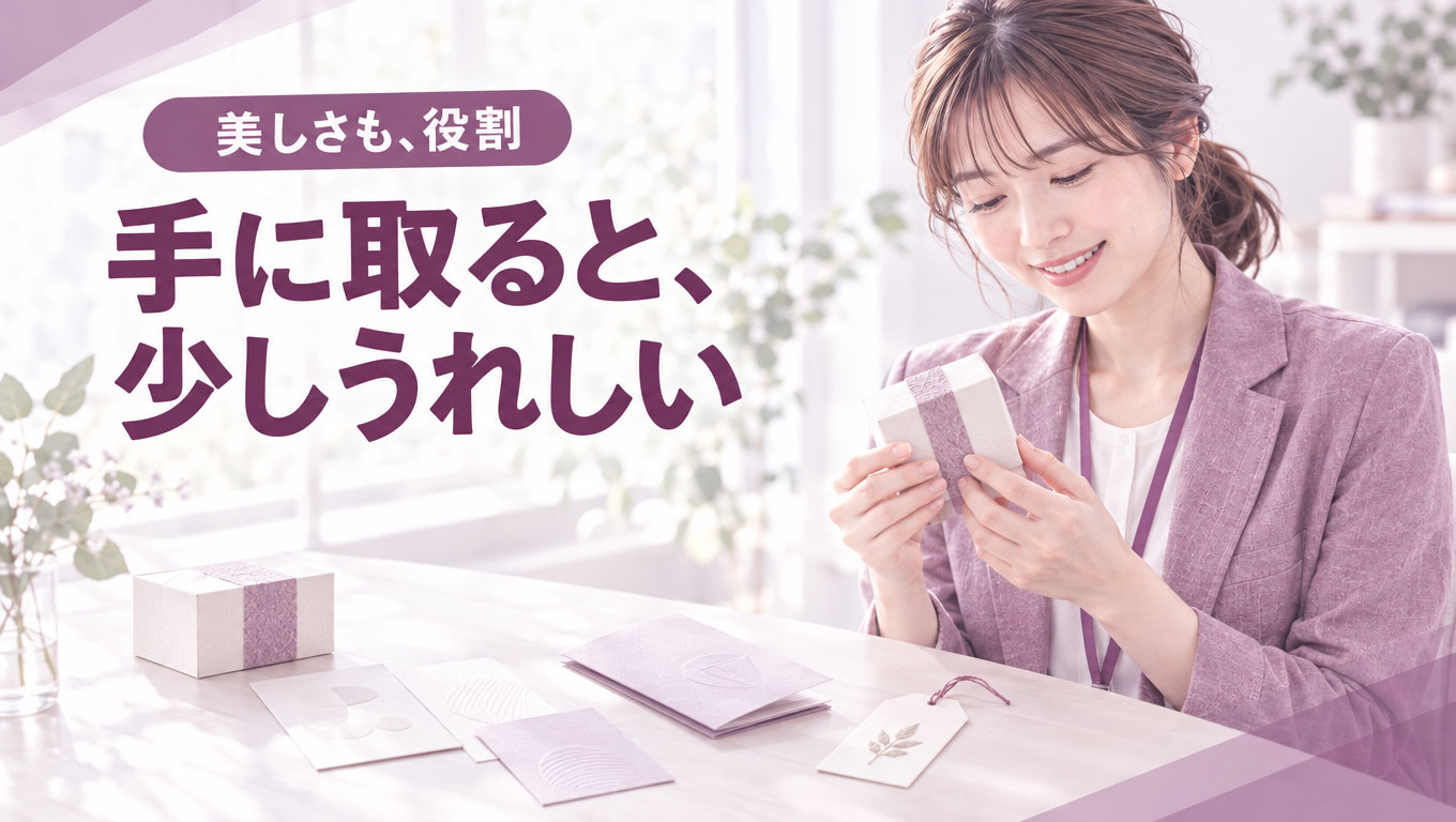 06_美しさも役割.jpg 上品なパッケージや紙もの制作物を手にとって眺めるシーンのイラスト