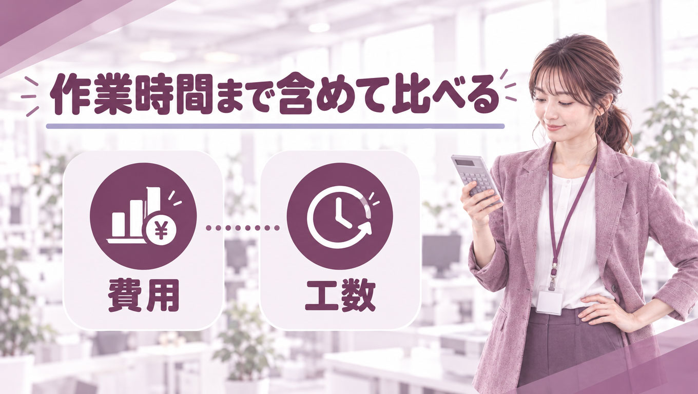 06_cost-workload.jpg 内製・外注の費用と工数を比較するイメージ図
