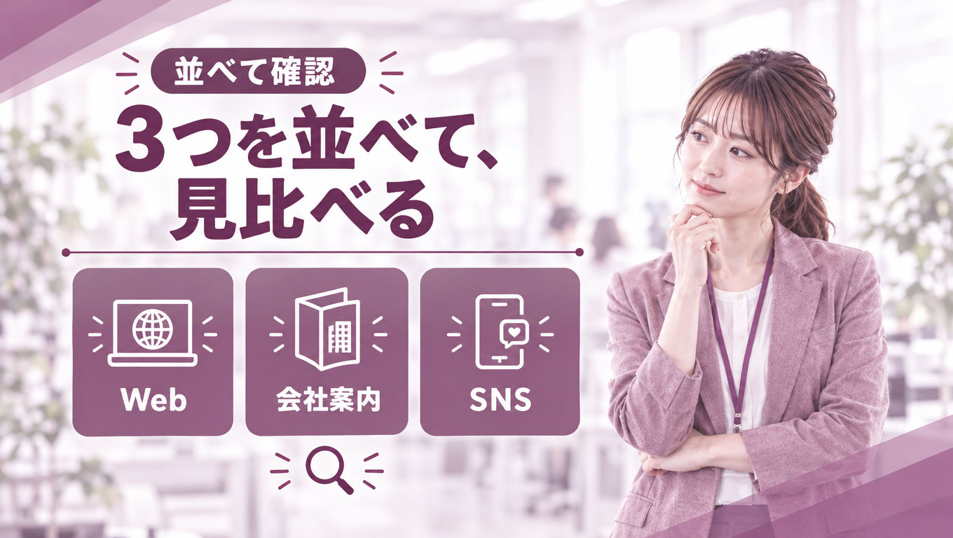 10_並べて確認.jpg ホームページ・会社案内・SNSを並べてデザインのずれと矛盾を確認する(架空の例)