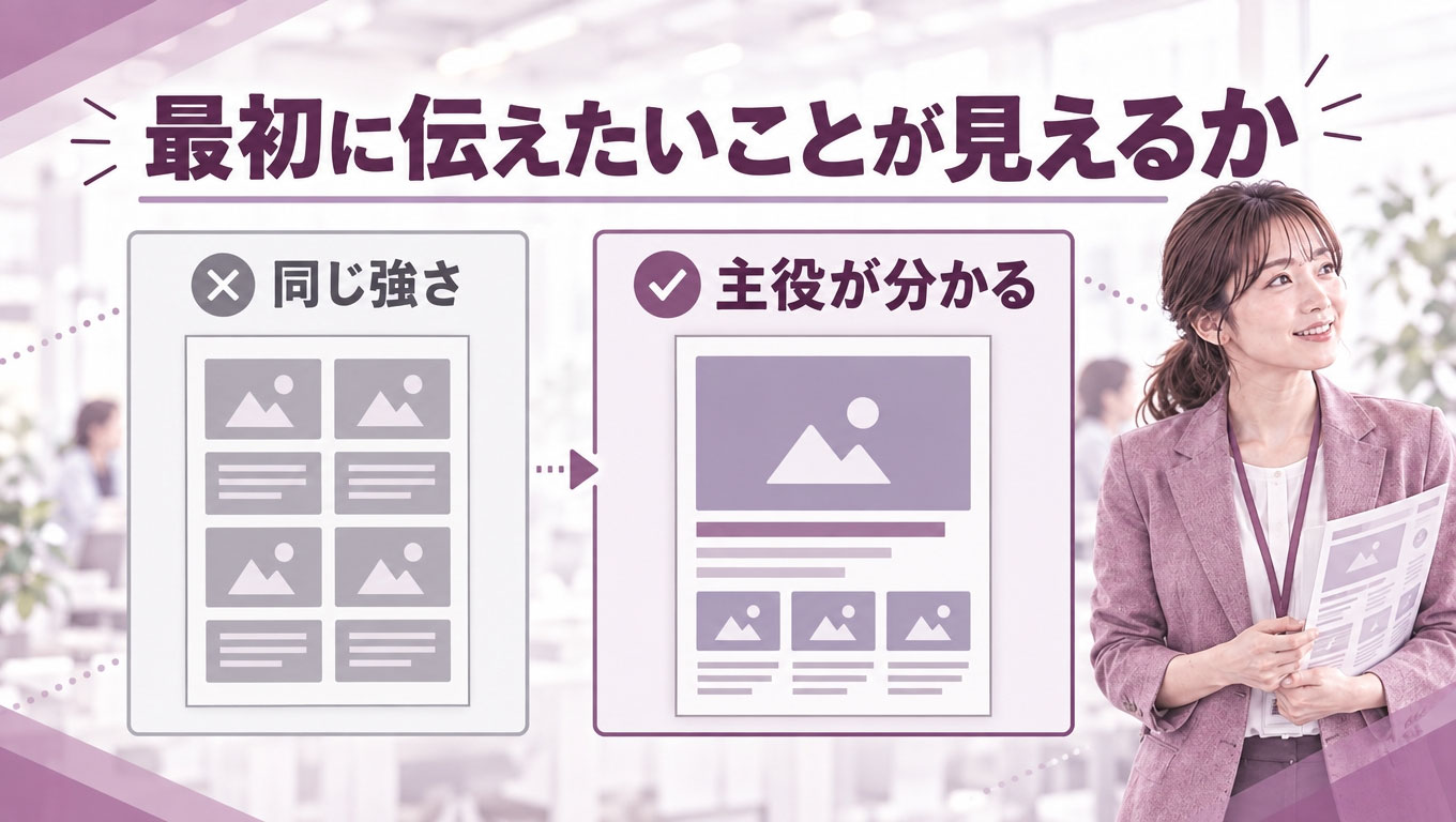ラシの情報優先順位・主役と補足の配置イメージ図