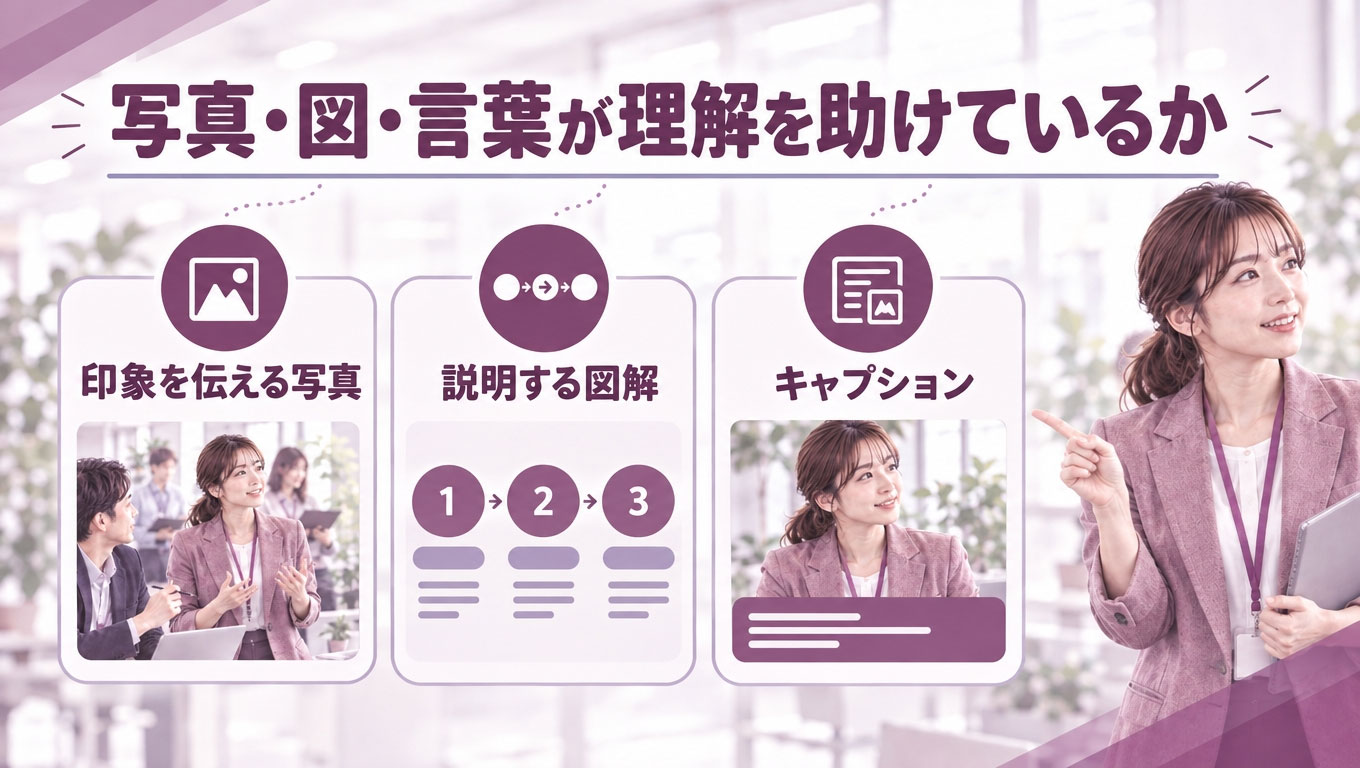 写真・図解・コピーの役割の違いを示すイメージ図