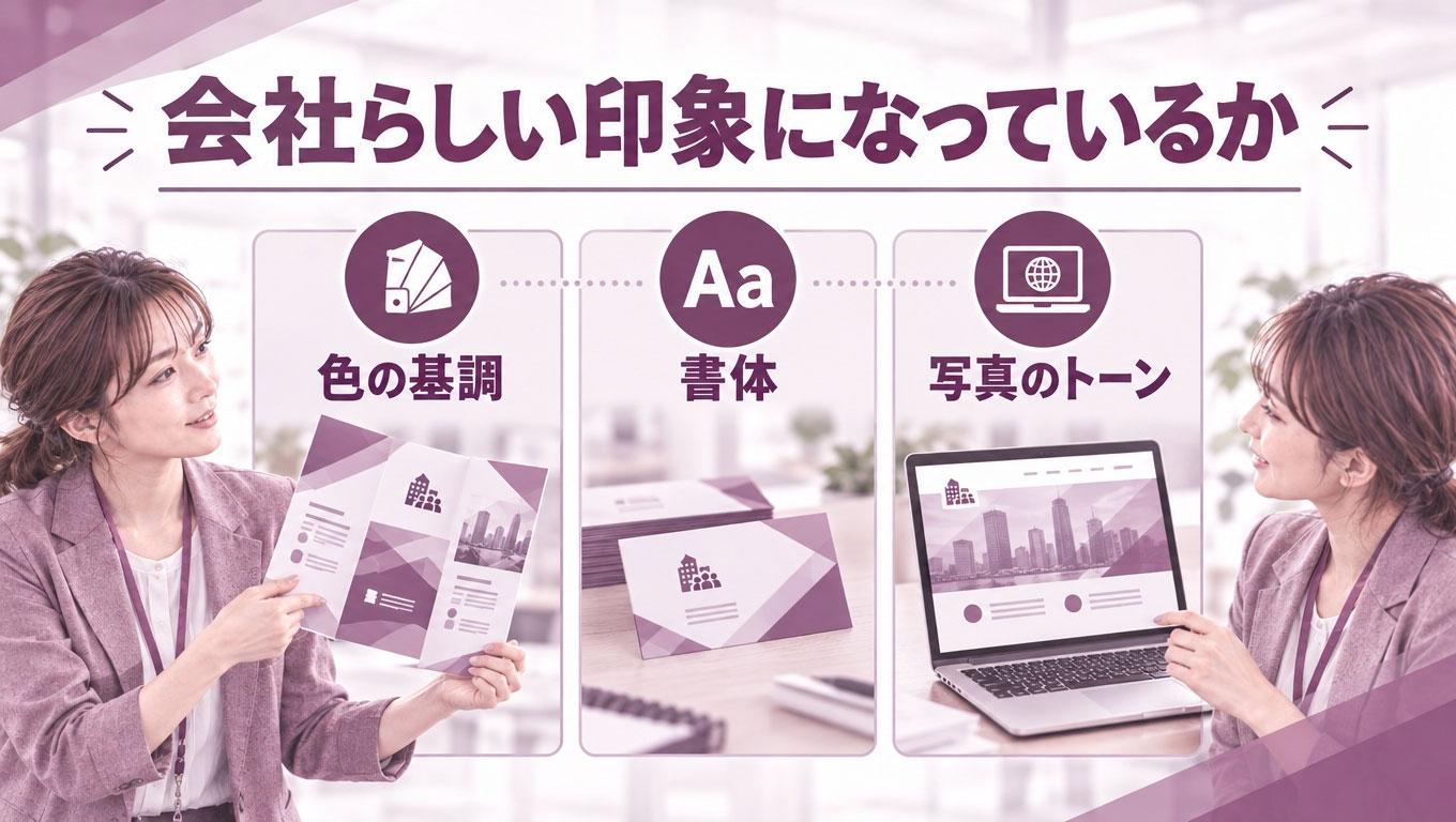 媒体間の色・書体・写真の一貫性を示すイメージ図