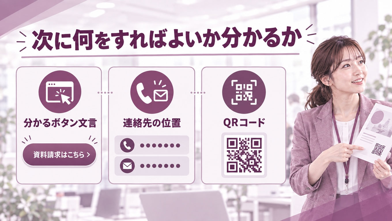 CTAボタン・連絡先・QRコードの配置イメージ図