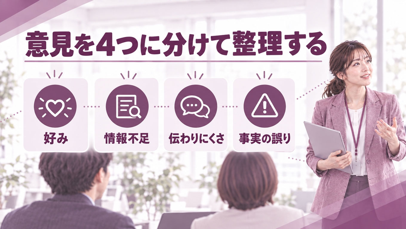 社内レビューの場面・意見を整理するイメージ図