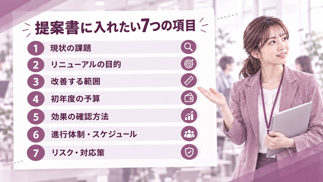 Section_illustration_for_a_Japanese_corporate_blog-1791341456751.jpg 社内提案書に含める7項目の一覧図