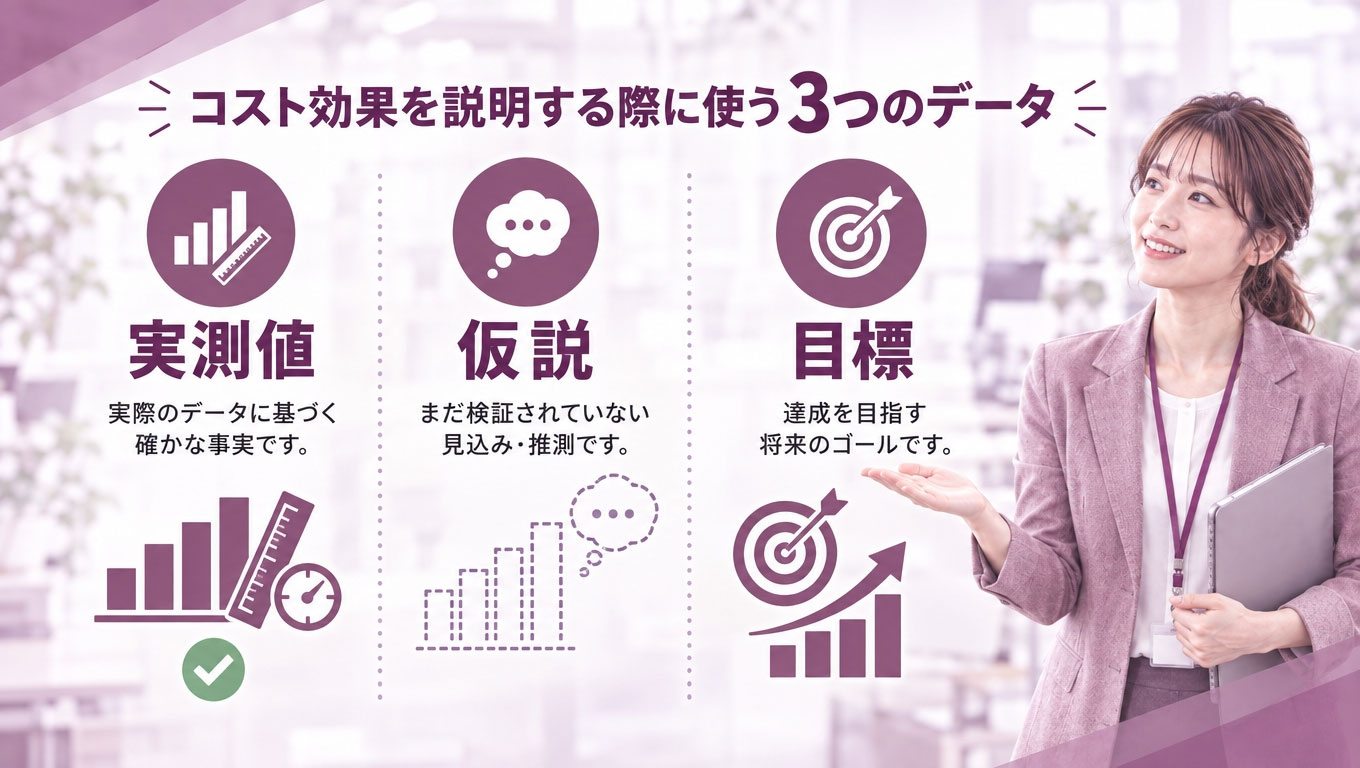Section_illustration_for_a_Japanese_corporate_blog-1791341589469.jpg 費用対効果の説明で使う3種類のデータの区分図