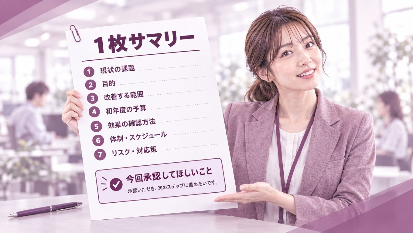 Section_illustration_for_a_Japanese_corporate_blog-1791342181348.jpg 社長への社内共有に使う1枚サマリーのイメージ図
