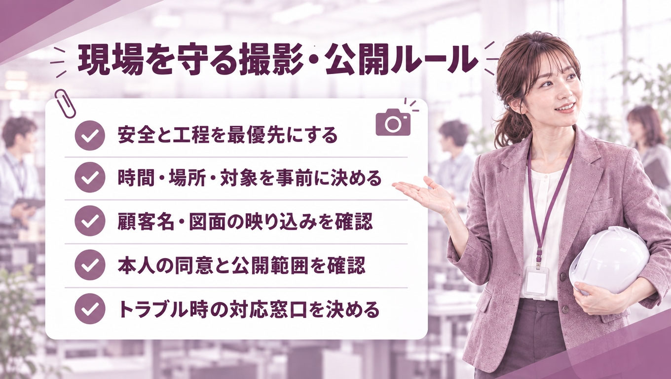 Section_illustration_for_a_Japanese_corporate_blog-1791347106987.jpg 撮影ルールの確認表やチェックポイントのイメージ